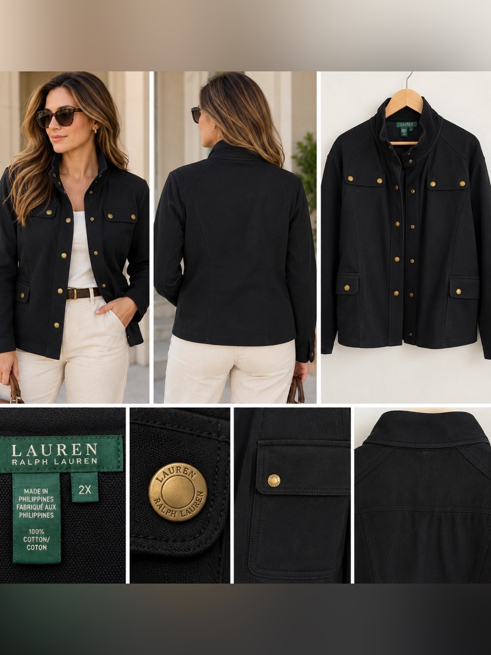 Lauren Ralph Lauren 2X Black Cotton Utility Military Jacket